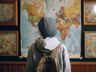 young traveler with a backpack looking at a world map brainstorming upcoming trips and dreaming of exciting adventures anticipation of discovering hidden gems around the globe