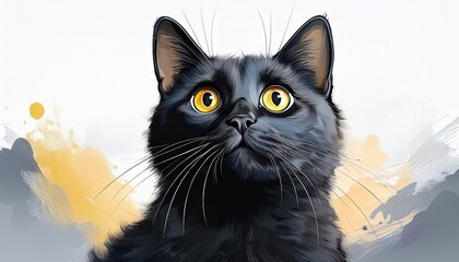 an adorably curious black cat with wide yellow eyes wonders at something fascinating stylized on white background
