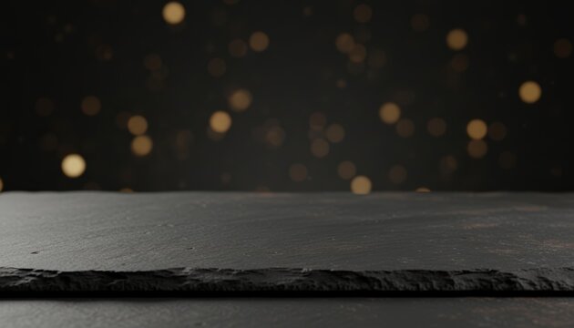 Slate tabletop with golden bokeh background for food presentation  