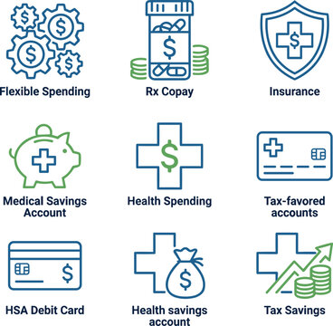 Healthcare finance icons, flexible spending, Rx copay, insurance, HSA, tax savings, medical accounts, flat vector illustration