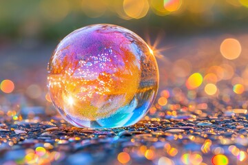 Artistic Orb Captures the Depths of a Rainbow, Reflective Sphere Adorning a Metallic Background