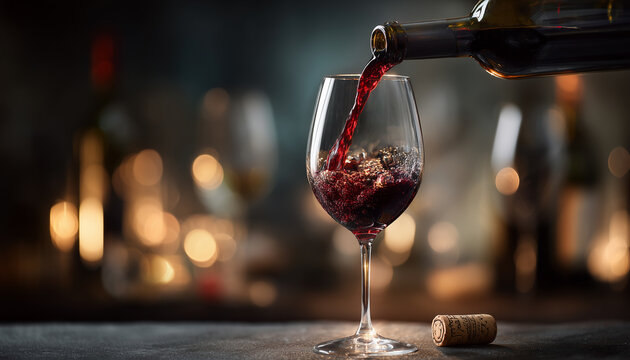 Red wine pours into glass. Other glasses with wine types nearby. Bottles and corks on dark table background