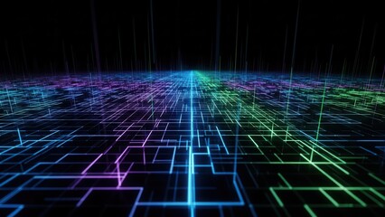 Futuristic digital grid with vibrant neon colors