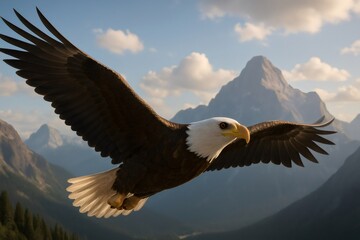 Obraz premium Bald eagle flying with wings spread, symbolizing freedom and strength, above rugged mountains, valleys, and forests under a blue sky