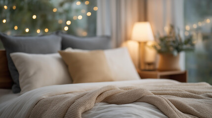 A serene bedroom showcases cozy lighting from bedside lamps and fairy lights, creating a tranquil retreat with soft blankets, gentle colors, and a perfect ambiance for winding down after a long