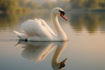 Obraz premium White swan gracefully swimming on serene water, creating a perfect reflection. Tranquil scene reflecting beauty and peacefulness
