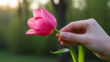 Hand holding a fresh pink tulip in a garden.