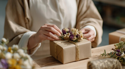 Close-up of hands preparing eco friendly gift wrapping with brown paper, dried flowers, and string, highlighting creativity, minimalism, and environmental responsibility. cinematic color
