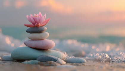 Pink lotus flower atop balanced colorful stones on shore at sunrise. Gentle ocean waves wash sand near calm zen arrangement