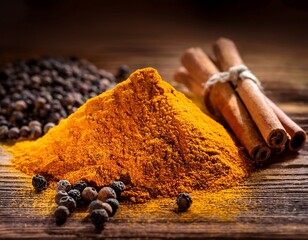 spices on wooden table cinnamon sticks turmeric black peppercorns rustic scene