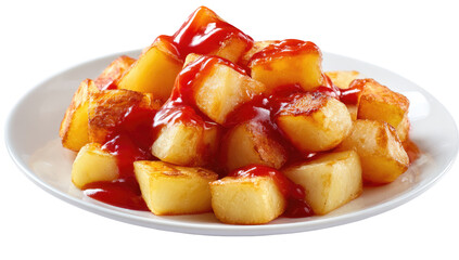 Cubed potatoes, golden brown,  topped with  red sauce