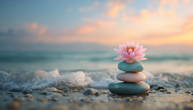 Pink lotus flower atop balanced colorful stones on shore at sunrise. Gentle ocean waves wash sand near calm zen arrangement