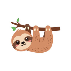 Obraz premium Cute cartoon sloth hanging from a branch with green leaves in a playful and cheerful pose