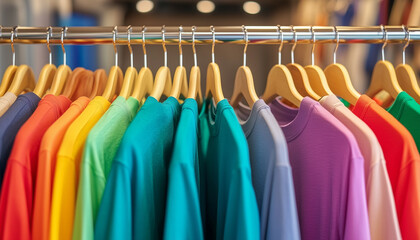 Fototapeta premium Various colored shirts displayed on a clothing rack. Apparel items hang neatly in a retail store. Bright lights illuminate the garments