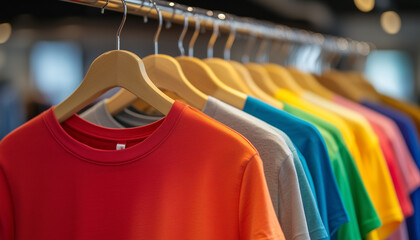 Obraz premium Various colored shirts displayed on a clothing rack. Apparel items hang neatly in a retail store. Bright lights illuminate the garments