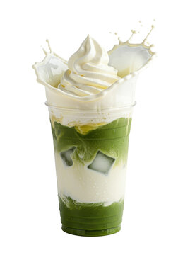 Ultradetail macro shot of an iced matcha latte splashing from a condensation-heavy cup, showing layers and whipped cream against a transparent background. concept for premium beverage advertising