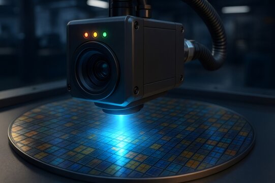 Automated camera inspecting a semiconductor wafer with blue light, ensuring quality control in advanced manufacturing