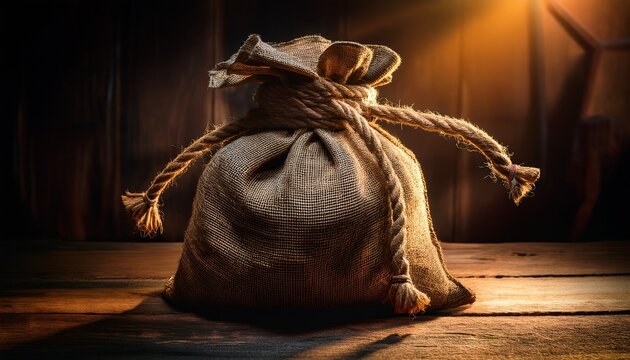 a weathered sack tied with coarse rope a symbol of hidden riches and untold stories in warm light
