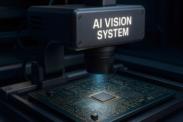 AI vision system analyzing a circuit board with a central microchip, representing advanced technology and quality control in manufacturing