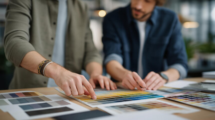 Creative team spreads swatches and palettes across a table, hands pointing and notes being made while feedback and priorities are set in a home office meeting focused on product development.