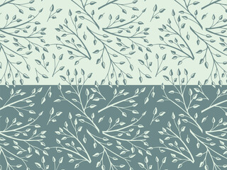 Spring soft, muted monochrome seamless background, frame of floral tree branch, leaves, plants. Elegant, stylish elements for Decoration. Hand drawing doodles of vintage botanical elements