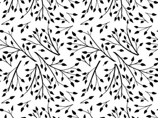 Spring monochrome seamless background, frame of floral tree branch, leaves, plants. Elegant, stylish elements for Decoration. Hand drawing doodles of vintage botanical elements