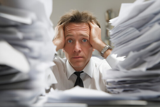 Feeling overwhelmed by a mountain of paperwork at the office