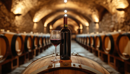 Bottle, glass of red wine on wooden barrel in old winery cellar. Alcohol ages inside oak casks in background.