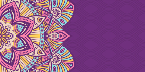 Horizontal mandala banner. Decorative flower mandala background with place for text. Color mandala on purple background. Arabic Islamic style. Pink, yellow, blue colors. Vector color illustration. © Andrey