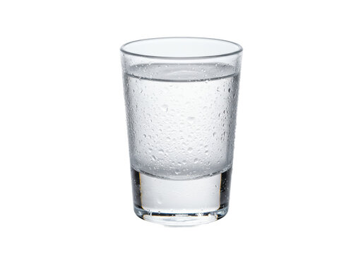 ultra macro close-up of a pristine, frost-covered crystal clear shot glass filled to the brim with transparent premium vodka, isolated on a transparent background, concept for luxury beverage