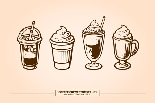 Cup of coffee vector set hand drawn illustration collection isolated on vintage color background.
