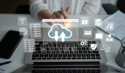 Cloud upload and download icon with surrounding data management, security, and analytics icons in digital interface Parse