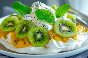 Delightful pavlova topped with fresh fruits and cream
