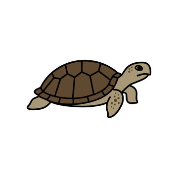 A brown turtle swimming gracefully in clear water, surrounded by vibrant aquatic plants