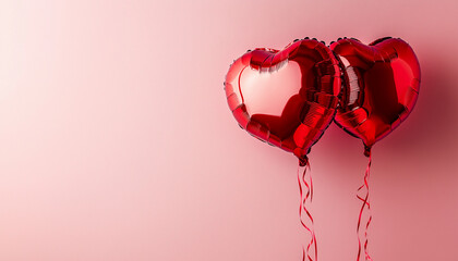 Red heart balloons float against pink background. Romantic symbol of love passion for Valentine Day. Helium balloons shape heart on