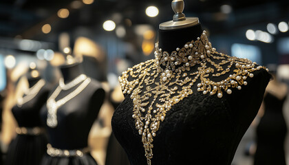 Luxurious black abayas adorned with intricate gold embroidery, embellishments on display. Traditional Islamic garments feature elegant