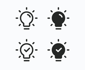 Lightbulb icons collection vector illustration. Light background. Idea symbol. Bulb with checkmark, visionary info, conclusion. Electric lamp, light, innovation, solution, creative thinking icon
