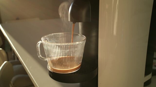 Hands making espresso with modern coffee machine at home