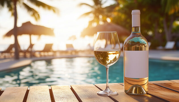 White wine bottle, blank mock-up label, glasses near pool. Drinks at luxury resort, sunny day. Wine tasting celebration, vacation,
