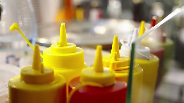 Close-up of yellow and red plastic squeeze bottles with pointed nozzles holding mustard and ketchup behind a clear glass partition at a casual food counter, with bokeh lighting