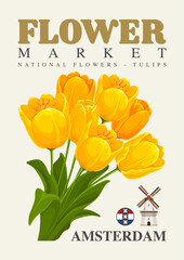 Flower Market retro poster with tulips. Floral print from Amsterdam with Dutch national flowers tulip. Vintage wall art for home decor, digital print. Poster with floral design. Vector illustration