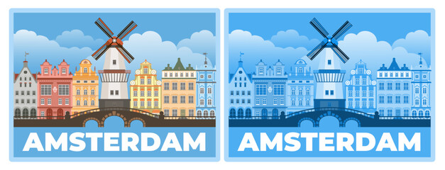 Amsterdam skyline concept. Travel to Amsterdam concept with skyline and famous landmark such as windmill, canal bridge, old buildings. Vector illustration
