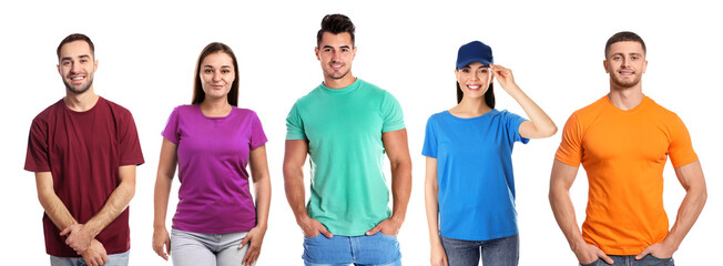 Obraz premium Men and women wearing t-shirts in different colors on white background