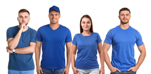 Obraz premium Group of people in blue t-shirts on white background