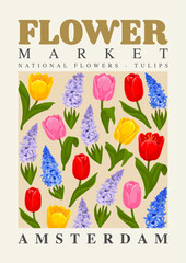 Flower Market retro poster with tulips and hyacinths. Floral print from Amsterdam with Dutch national flowers. Vector vintage wall art for home decor, digital print. Poster with floral design