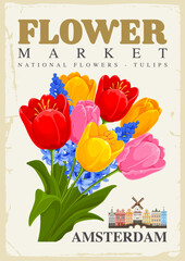 Flower Market retro poster with tulips and hyacinths. Floral print from Amsterdam with Dutch national flowers. Vector vintage wall art for home decor, digital print. Poster with floral design