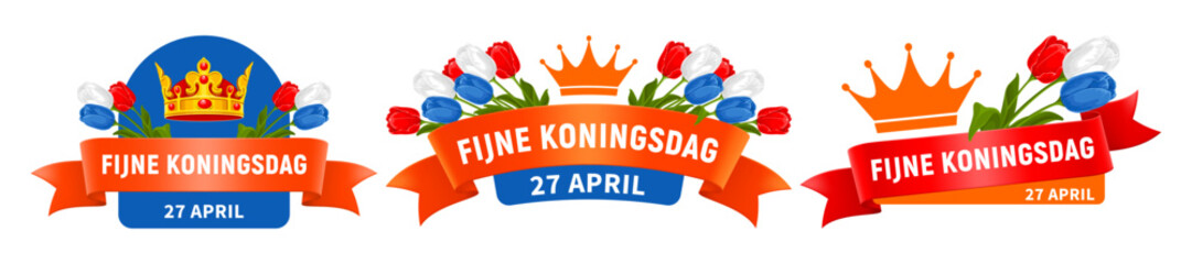 Koningsdag design templates set. Koningsdag greeting. King's Day logo, label, emblem. For poster, card, invitation, flyer etc. Translation: Happy King's Day, 27 April. Isolated vector illustration