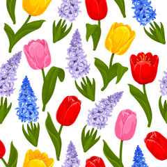 Tulips and hyacinths seamless pattern. Spring and summer garden flowers. Allover floral pattern. Endless floral ornament on white background. Isolated vector illustration