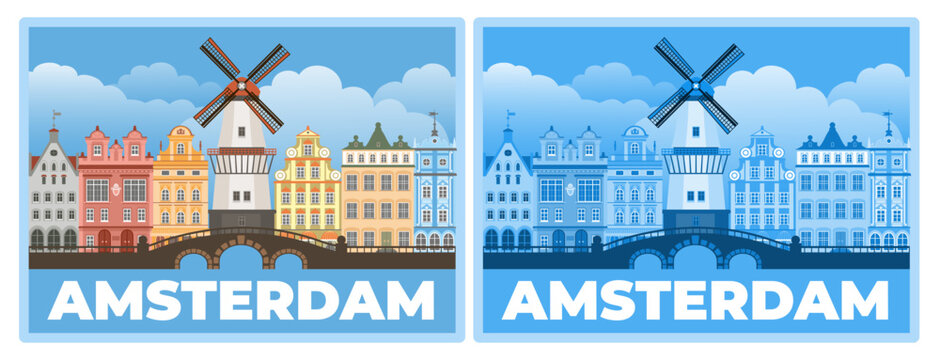 Amsterdam skyline concept. Travel to Amsterdam concept with skyline and famous landmark such as windmill, canal bridge, old buildings. Vector illustration