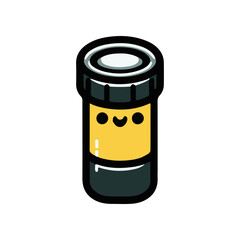 Cute cartoon illustration of a smiling flashlight with a yellow body and black cap, set against a white background